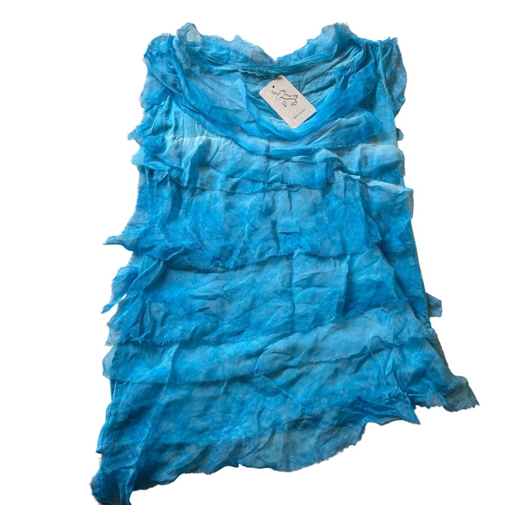 Ruffle Layered Top Made in Italy Turquoise Blue Sleeveless Tank Blouse